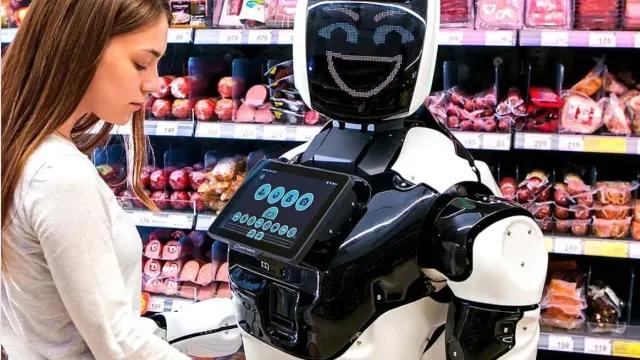 Humanoider Roboter unterstützt an einer Verkaufstheke