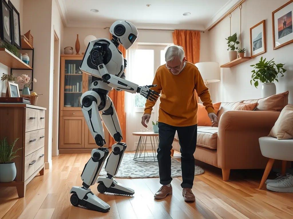 Humanoider Roboter begleitet einen älteren Menschen beim Gehen