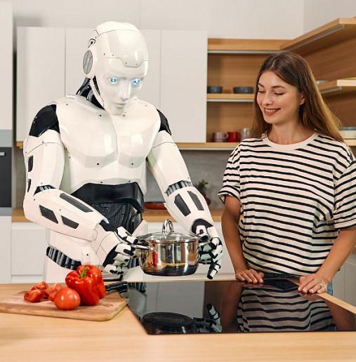 Humanoider Roboter trägt einen Kochtopf