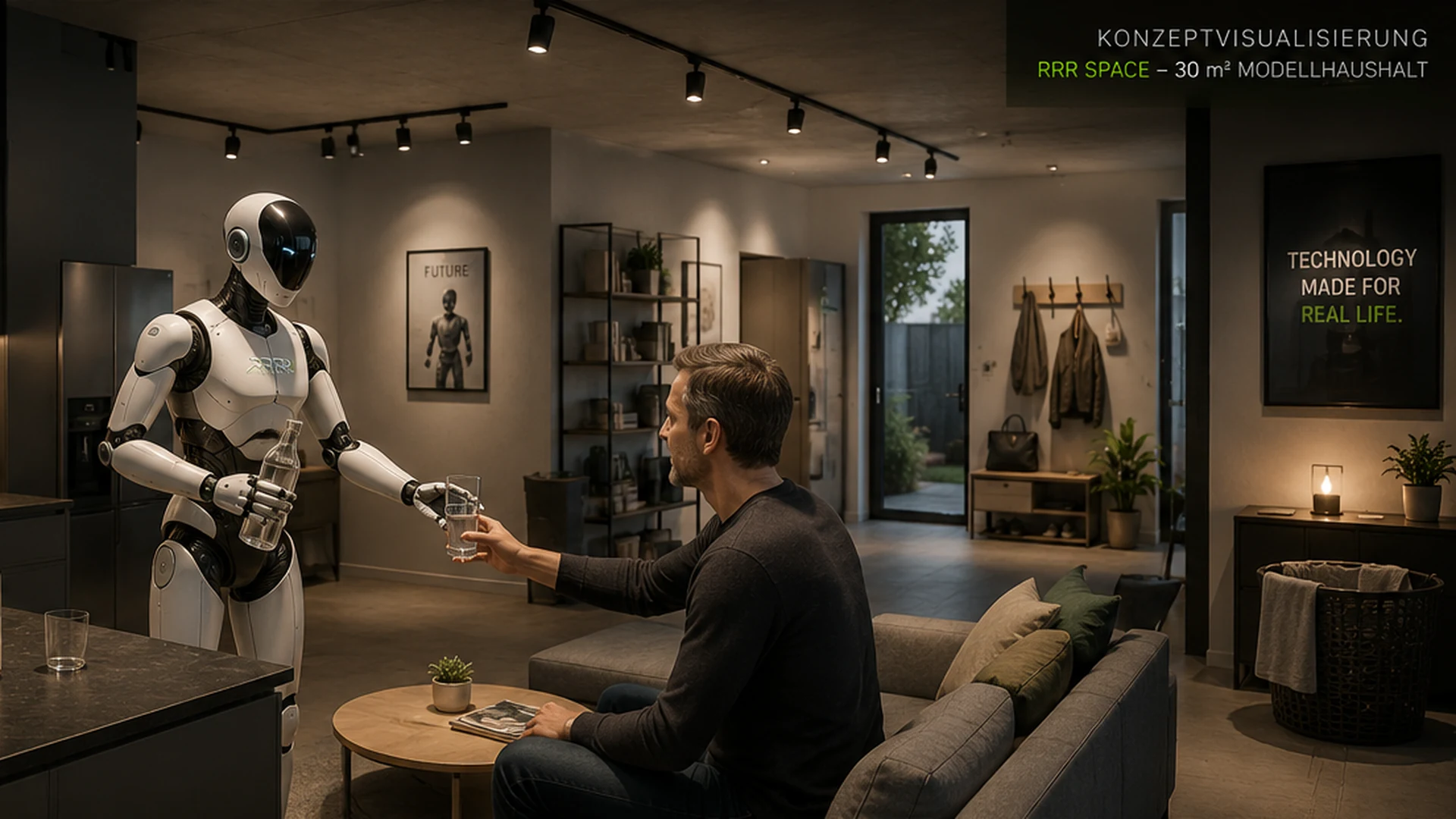 Humanoider Roboter mit Wasserflasche in einem modernen Modellhaushalt